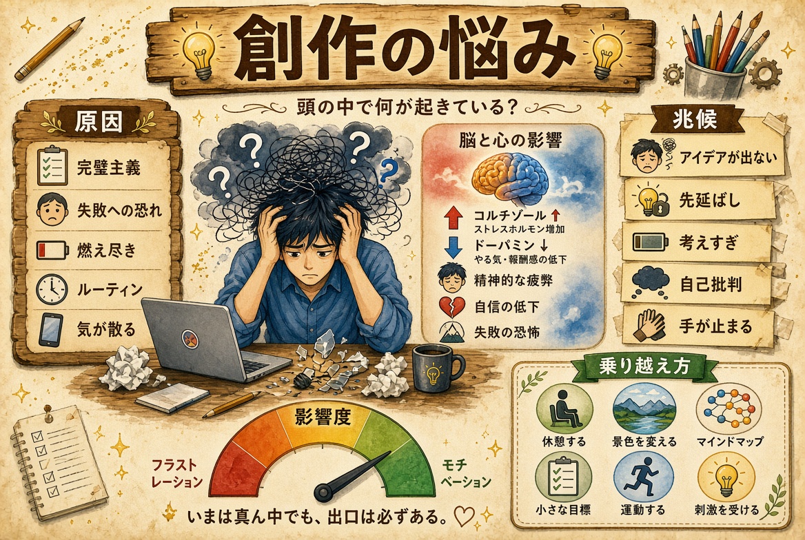 創作の悩みインフォグラフィック：原因・兆候・脳と心の影響・乗り越え方